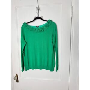 Talbots Green Ruffle Bow Neck Silk Cotton Lightweight Sweater Women's XL Petite